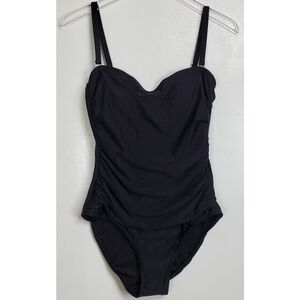 Dkny size L one piece bandeau maillot swimsuit black ruched removable straps